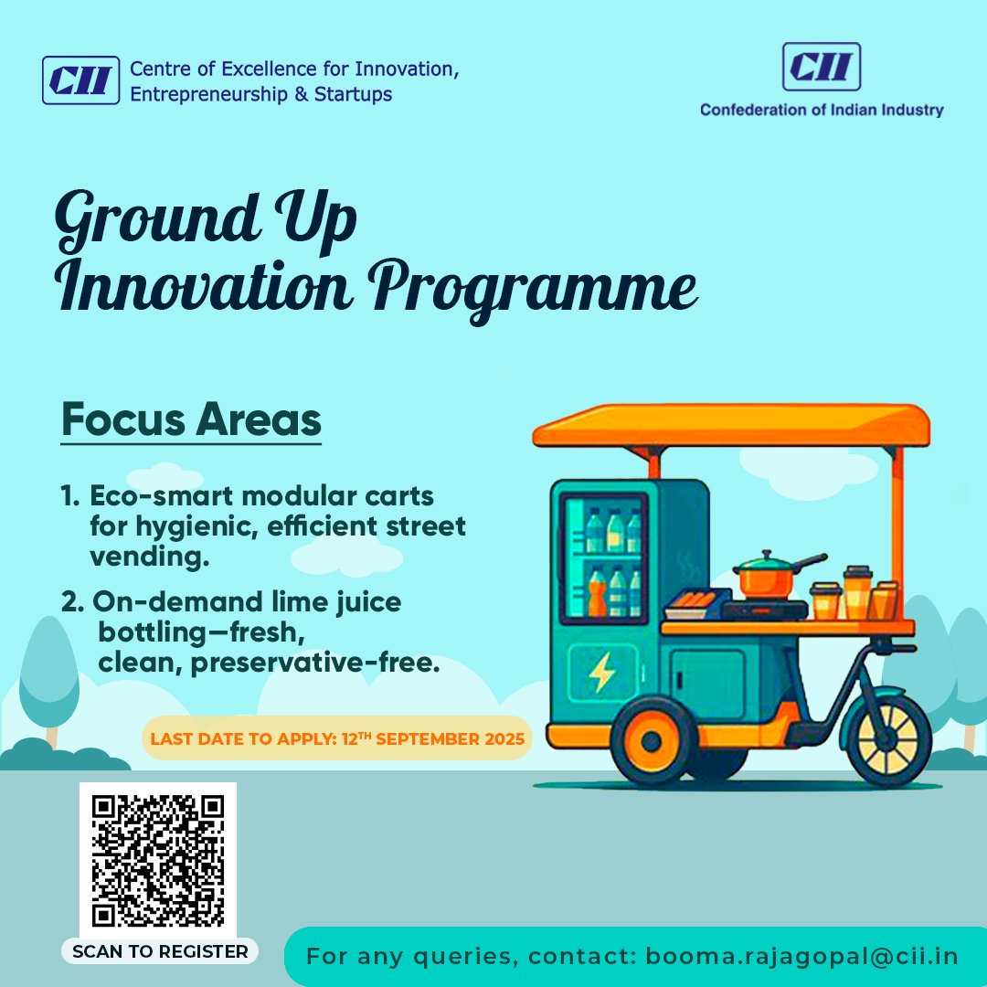The Ground-Up Innovation Programme

Inviting startups to solve real urban consumer challenges through ground-level innovation in street-tech and food-tech.

Last Date to Apply: 20 August 2025
Apply Now : startupaffiliation.ciicies.in/programs/apply…