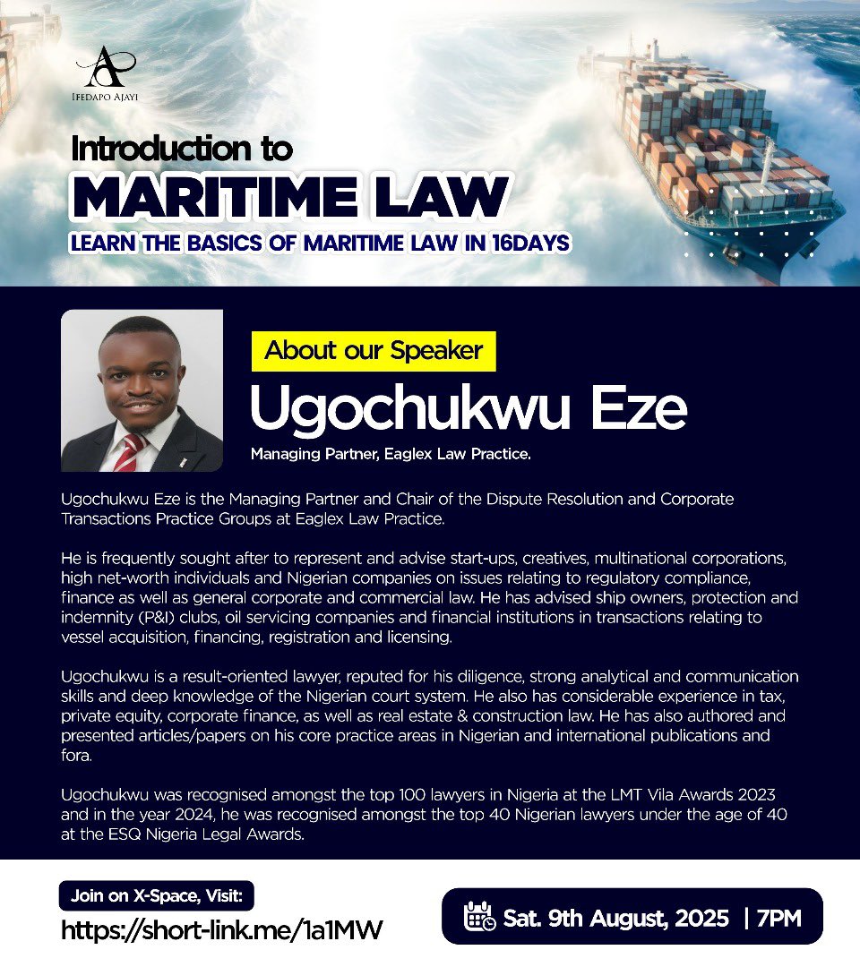 Asiwaju of Law (@isan_d_law) on Twitter photo Our Speaker, Ugochukwu Eze <a href="/UgoMatthew3/">Ugo Matthew</a>, is a seasoned shipping lawyer who has distinguished himself as a leading authority in maritime law and commercial dispute resolution.
Ugochukwu has previously worked at Dentons ACAS-Law and Bloomfield LP, and currently leads… Our Speaker, Ugochukwu Eze <a href="/UgoMatthew3/">Ugo Matthew</a>, is a seasoned shipping lawyer who has distinguished himself as a leading authority in maritime law and commercial dispute resolution.
Ugochukwu has previously worked at Dentons ACAS-Law and Bloomfield LP, and currently leads…