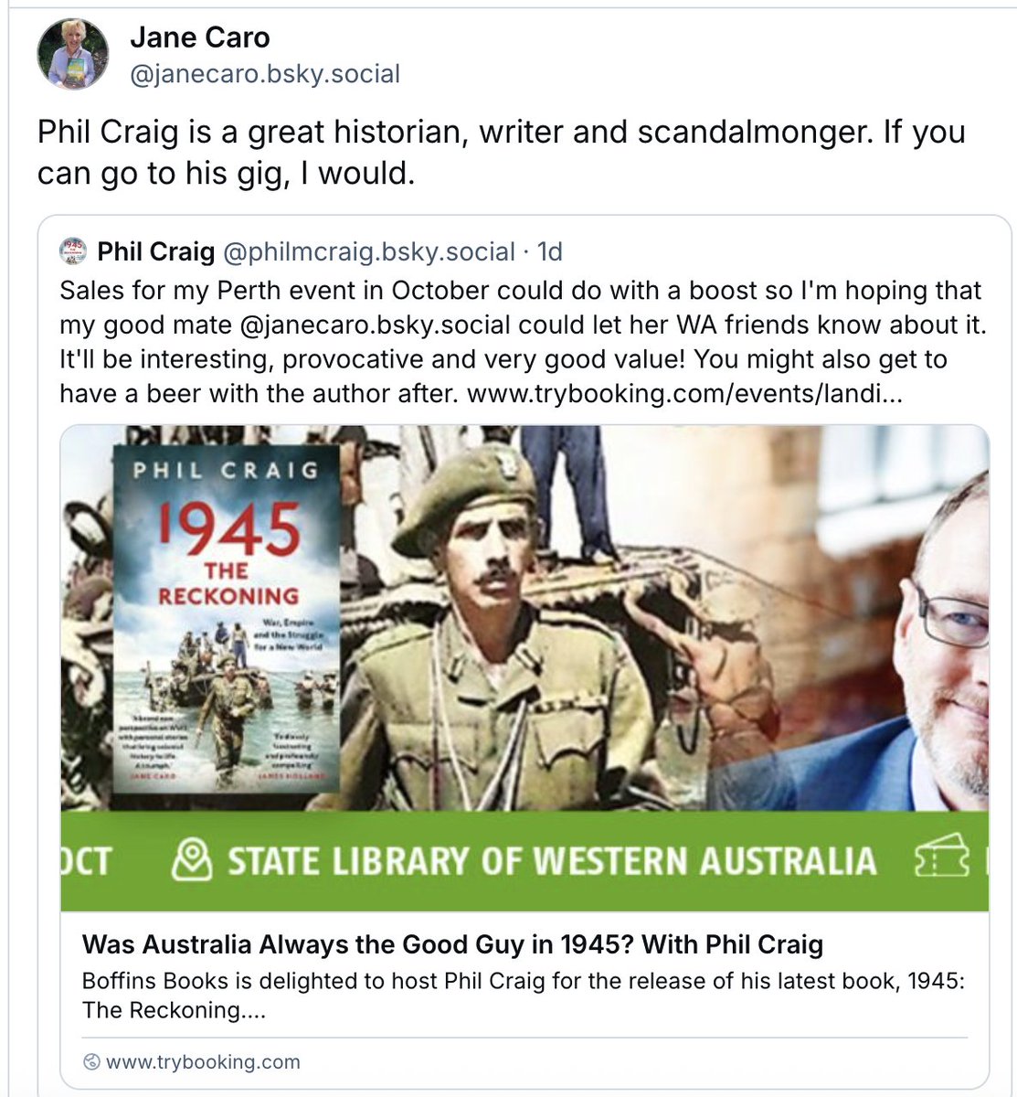 Reposting from the other place as part of my Perth event ticket sales drive! 
Come on Western Australians, we all know there's not much to do out west of an evening so come along and hear me sing a NSFW Australian army song from 1945, amongst other delights.  Link in comment