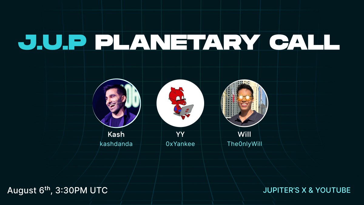 Jupiter (π±, π) (@jupiterexchange) on Twitter photo Planetary Call #53
π Today, Aug 6th @ 3:30pm UTC
Agenda:
β’ This week in the Jupiverse
β’ Jupiter Lend private beta π
β’ Jupiter Plugin w/ <a href="/0xYankee/">YY (π±,π)</a>
β’ API updates
β’ Catdets Corner w/ <a href="/The0nlyWill/">Will</a>
β’ And more...
Hosted by cat-herder extraordinaire, <a href="/kashdhanda/">Kash (π±, π)</a>. Planetary Call #53
π Today, Aug 6th @ 3:30pm UTC
Agenda:
β’ This week in the Jupiverse
β’ Jupiter Lend private beta π
β’ Jupiter Plugin w/ <a href="/0xYankee/">YY (π±,π)</a>
β’ API updates
β’ Catdets Corner w/ <a href="/The0nlyWill/">Will</a>
β’ And more...
Hosted by cat-herder extraordinaire, <a href="/kashdhanda/">Kash (π±, π)</a>.