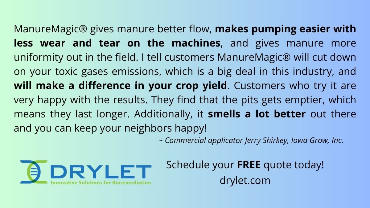 Drylet's tweet image. “Pumping is easier. The pits get emptier. And it smells a lot better.”

That’s not hype. That’s ManureMagic® at work.

➕ Better flow
➕ Less wear on your equipment
➕ Happier neighbors
💩💧 Curious? 👉 drylet.com

#AgTwitter #FarmLife #ManureManagement #Drylet