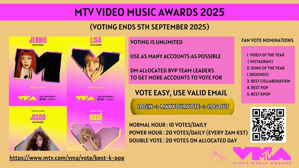 BLINKVotingPage's tweet image. 📜VOTING GUIDELINES FOR #VMA
1. Unlimited voting 
2. Log in to a valid email account; no password is needed to vote.
3. No need to vote in all categories.
4. Can use the same  mail again after reset
We have been provided 15k VALID EMAILs so far to Blink/solo teams.
❌DON'T…