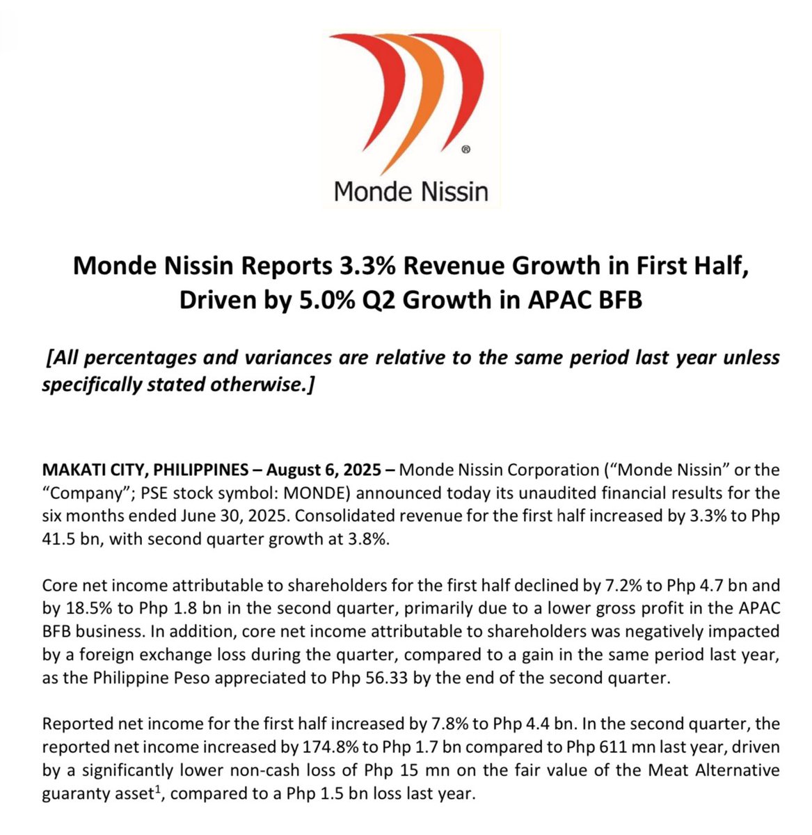 RevinOchave's tweet photo. Monde Nissin says core attributable net income for the first half declined by 7.2% to P4.7-B. @bworldph https://t.co/ScW2RTPkfA