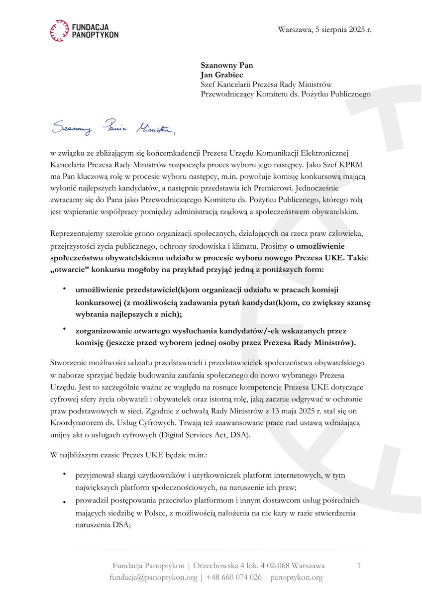 Fundacja Panoptykon (@panoptykon) on Twitter photo 2/2 Odpowiedzialny za powołanie komisji konkursowej jest Szef KPRM <a href="/JanGrabiec/">Jan Grabiec</a>.
Dlatego 35 organizacji społecznych apeluje do niego w liście:
🔗panoptykon.org/wybor-prezesa-… 2/2 Odpowiedzialny za powołanie komisji konkursowej jest Szef KPRM <a href="/JanGrabiec/">Jan Grabiec</a>.
Dlatego 35 organizacji społecznych apeluje do niego w liście:
🔗panoptykon.org/wybor-prezesa-…