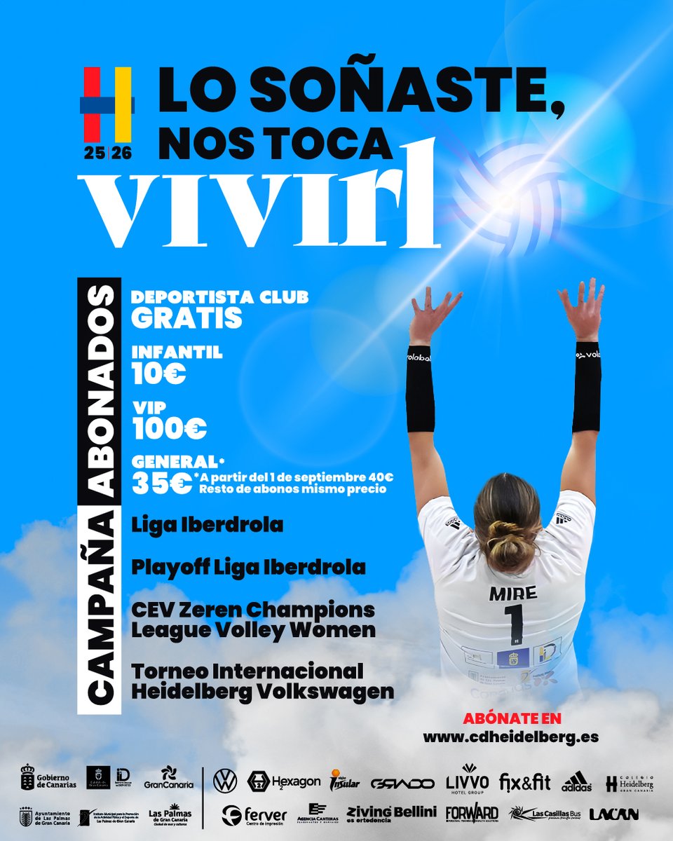 'Lo soñaste, nos toca vivirlo'💤💪 El <a href="/CD_Heidelberg/">CD Heidelberg</a> lanza su campaña de abonos🚨, con cuatro modalidades: los costes están entre los 10 y los 100 euros🏐
#DeportesTvCanaria <a href="/RTVCes/">RTVC</a> <a href="/Santi__GM/">Santi Guerra Martín</a> <a href="/lolaahddez4/">Lola Hernández</a> <a href="/imd_lpgc/">IMD LPGC</a> <a href="/GranCanariaDep/">Gran Canaria Deportes</a> <a href="/Deportecanario/">Deporte canario</a>