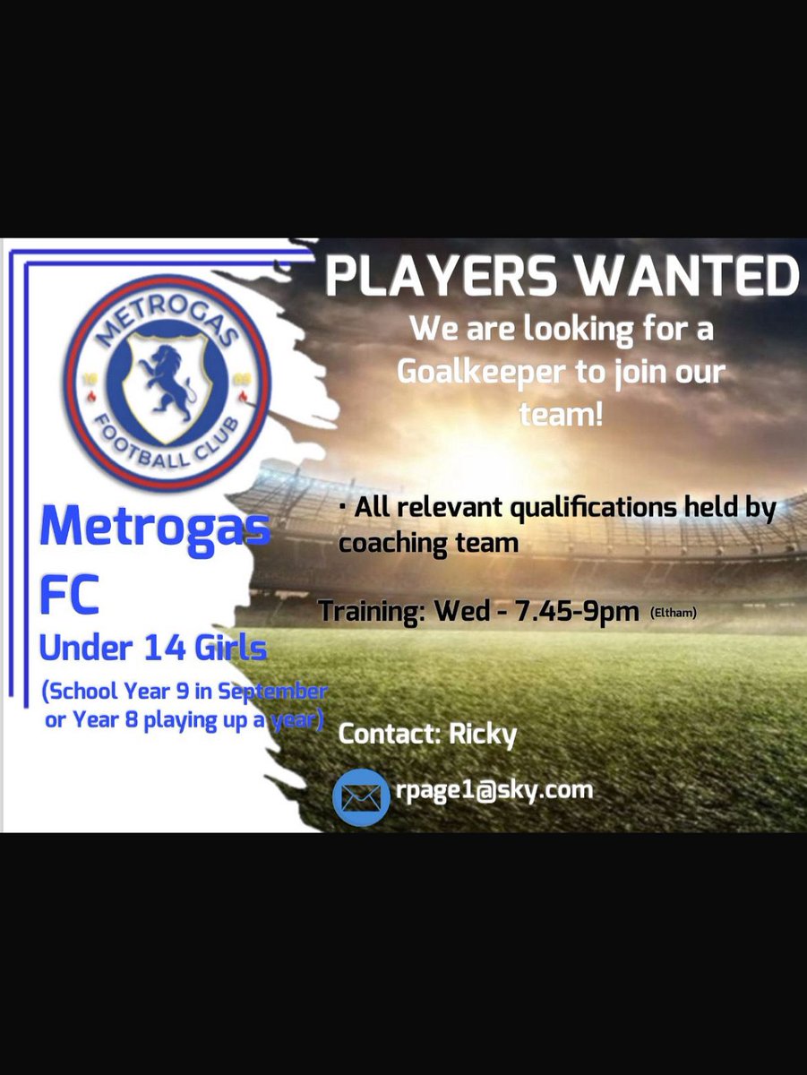 New u14 Girls team are looking for final part of the team the keeper please get in contact with below come play for a great club .