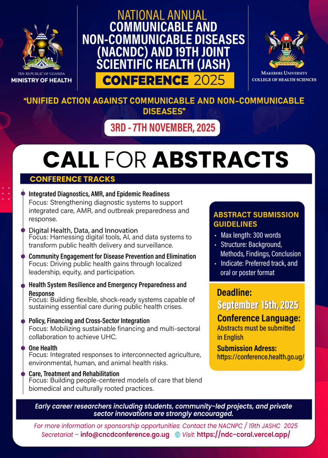 Makerere University College of Health Sciences (@makererechs) on Twitter photo .<a href="/MinofHealthUG/">Ministry of Health- Uganda</a> in joint partnership with <a href="/MakerereCHS/">Makerere University College of Health Sciences</a> and
<a href="/MakSPH/">Makerere University School of Public Health</a> is holding the first National Annual Communicable and Non-Communicable Diseases (NACNDC) and 19th Joint Scientific Health (JASH) Conference 2025. Call for abstracts in flier attached .<a href="/MinofHealthUG/">Ministry of Health- Uganda</a> in joint partnership with <a href="/MakerereCHS/">Makerere University College of Health Sciences</a> and
<a href="/MakSPH/">Makerere University School of Public Health</a> is holding the first National Annual Communicable and Non-Communicable Diseases (NACNDC) and 19th Joint Scientific Health (JASH) Conference 2025. Call for abstracts in flier attached