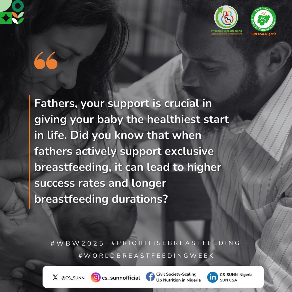 𝐃𝐚𝐝𝐬, 𝐲𝐨𝐮𝐫 𝐬𝐮𝐩𝐩𝐨𝐫𝐭 𝐦𝐚𝐤𝐞𝐬 𝐚𝐥𝐥 𝐭𝐡𝐞 𝐝𝐢𝐟𝐟𝐞𝐫𝐞𝐧𝐜𝐞!

When fathers actively support exclusive breastfeeding, babies thrive — and moms feel empowered to keep going longer.

#WBW2025 #PrioritiseBreastfeeding
#WorldBreastfeedingWeek