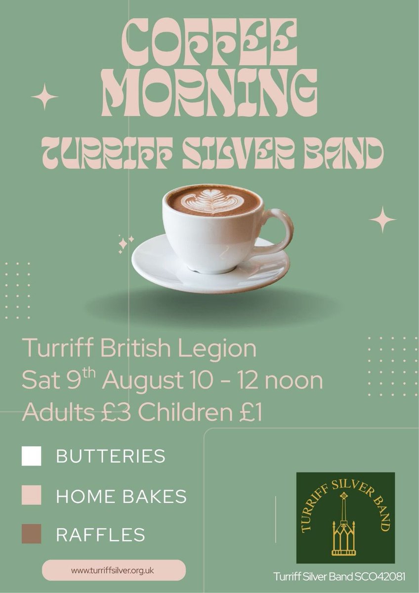 Join us for our fundraising coffee morning! 🤩 

🗓️ Saturday 9th August
⏰ 10am - 12 noon
📍 Turriff British Legion
🎟️ Entry: £3 per adult, £1 per child

Enjoy a selection of butteries, homebakes, and the chance to win some great prizes in our raffle! 🥳