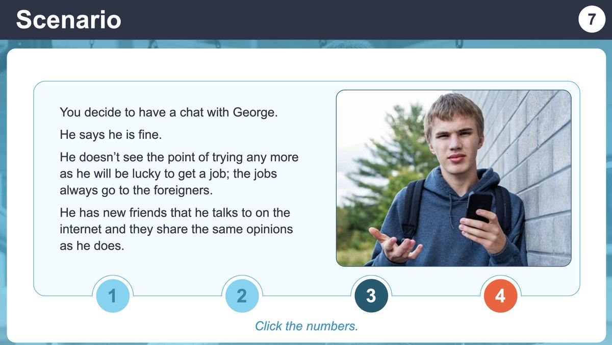 Just passed my PREVENT training course and I understand now that George is a threat to this country. 

He is observing statistical trends and also making friends online, so I must report him to the authorities.

This training is now mandatory in many counties for anyone who