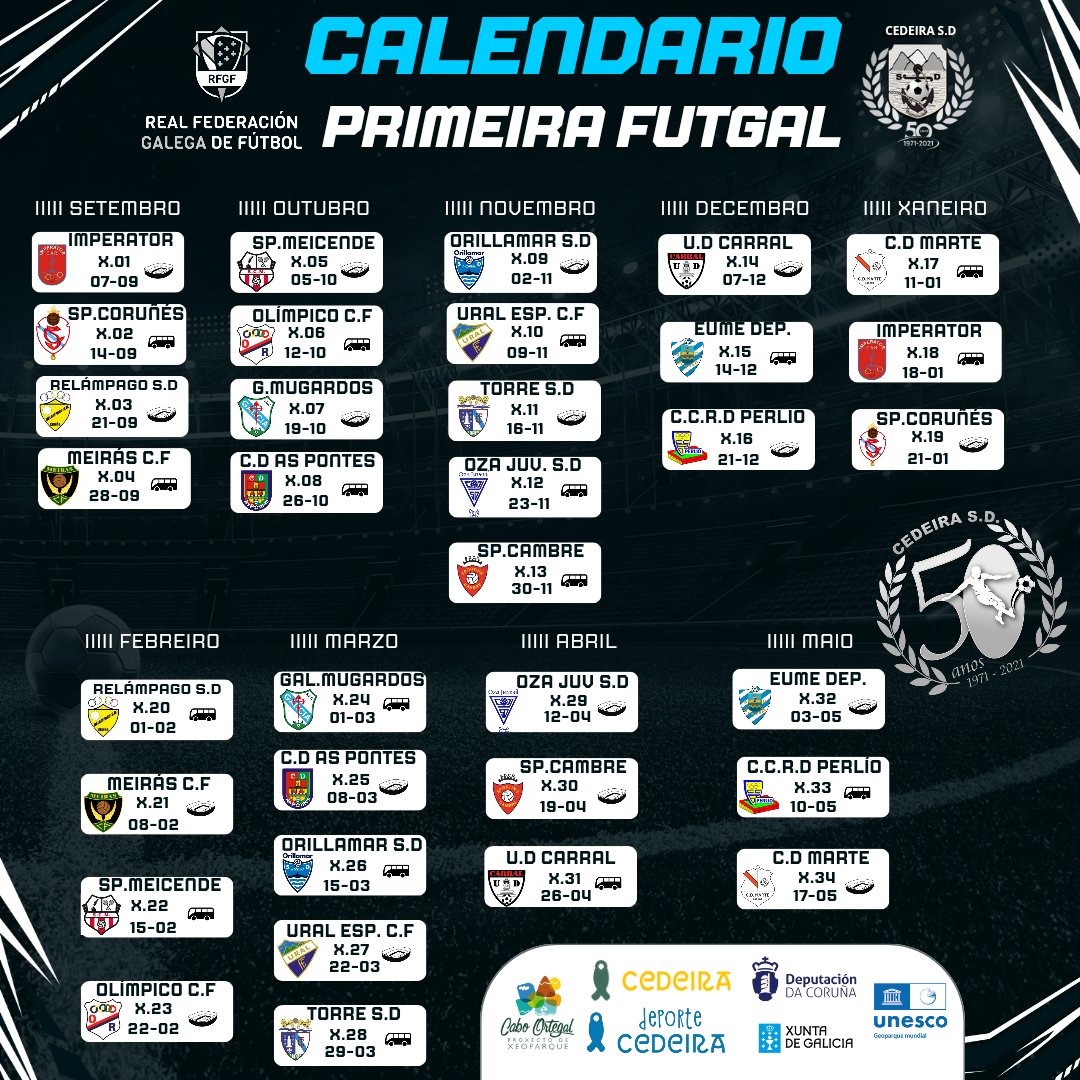 🗓👏⚽️ CALENDARIO 25-26

Este será o noso camiño para esta tempada na Primeira Futgal
 (Grupo 1).

Comezamos a competeción na casa contra o Imperator e acabarémola tamén na casa contra o C.D Marte. 

#OPACEDEIRA 🤍🖤🤍🖤