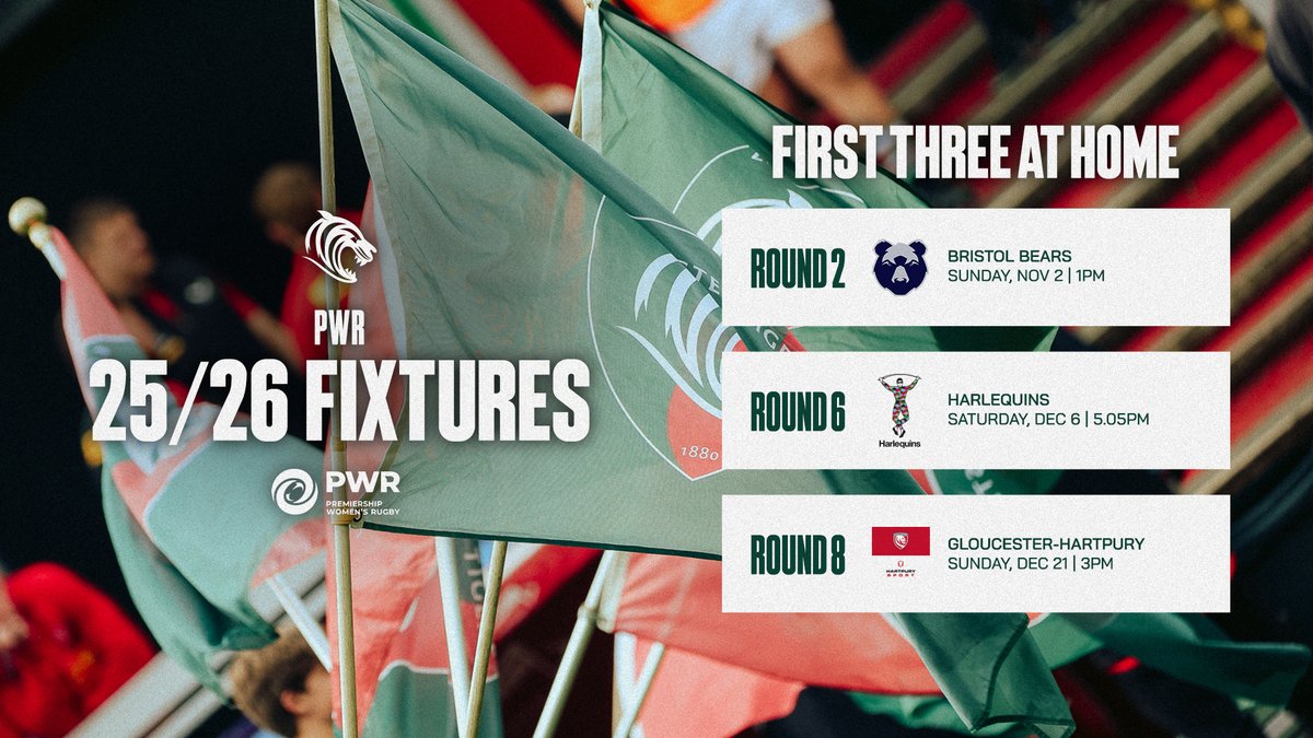 𝟐𝟎𝟐𝟓/𝟐𝟔 𝐟𝐢𝐱𝐭𝐮𝐫𝐞𝐬 𝐚𝐫𝐞 𝐋𝐈𝐕𝐄!

Our <a href="/ThePWR/">Premiership Women's Rugby</a> season is now confirmed, with our opening home match on Sunday, November 2 against Bristol Bears 🏡

Full story 👉 LeicesterTigers.com/news/25-26-pre…