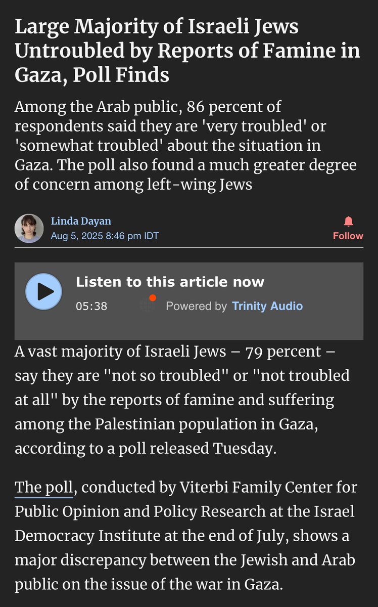 ⚠️ Le chiffre est glaçant: 79% des Juifs Israéliens ne sont "pas troublés" par la famine à Gaza. En juin un autre sondage indiquait que 80% des Juifs Israéliens soutenaient le plan d’expulsion des Gazaouis. Voilà pourquoi il faut des sanctions immédiates: pour peser sur l’opinion