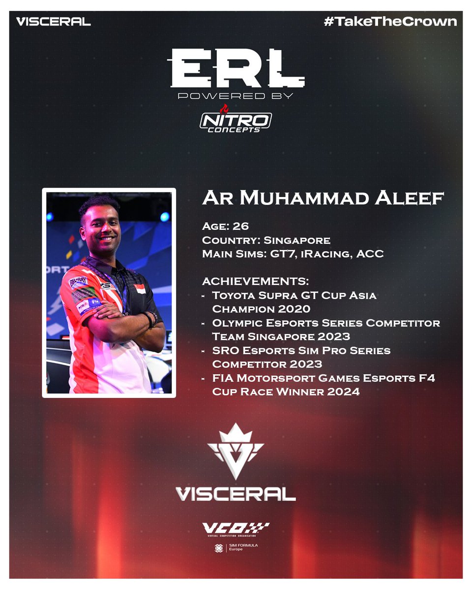 Time to reveal our second driver for the <a href="/vcoesports/">VCO 🕹🏎</a> ERL by Nitro Concepts - Ar Muhammad Aleef! 👑

🏆 Olympic Esports Series 2023 Competitor
🏆 FIA Motorsport Games F4 Esports Race Winner

Ar Muhammad brings strong experience in multiple sims at the highest level, which'll be