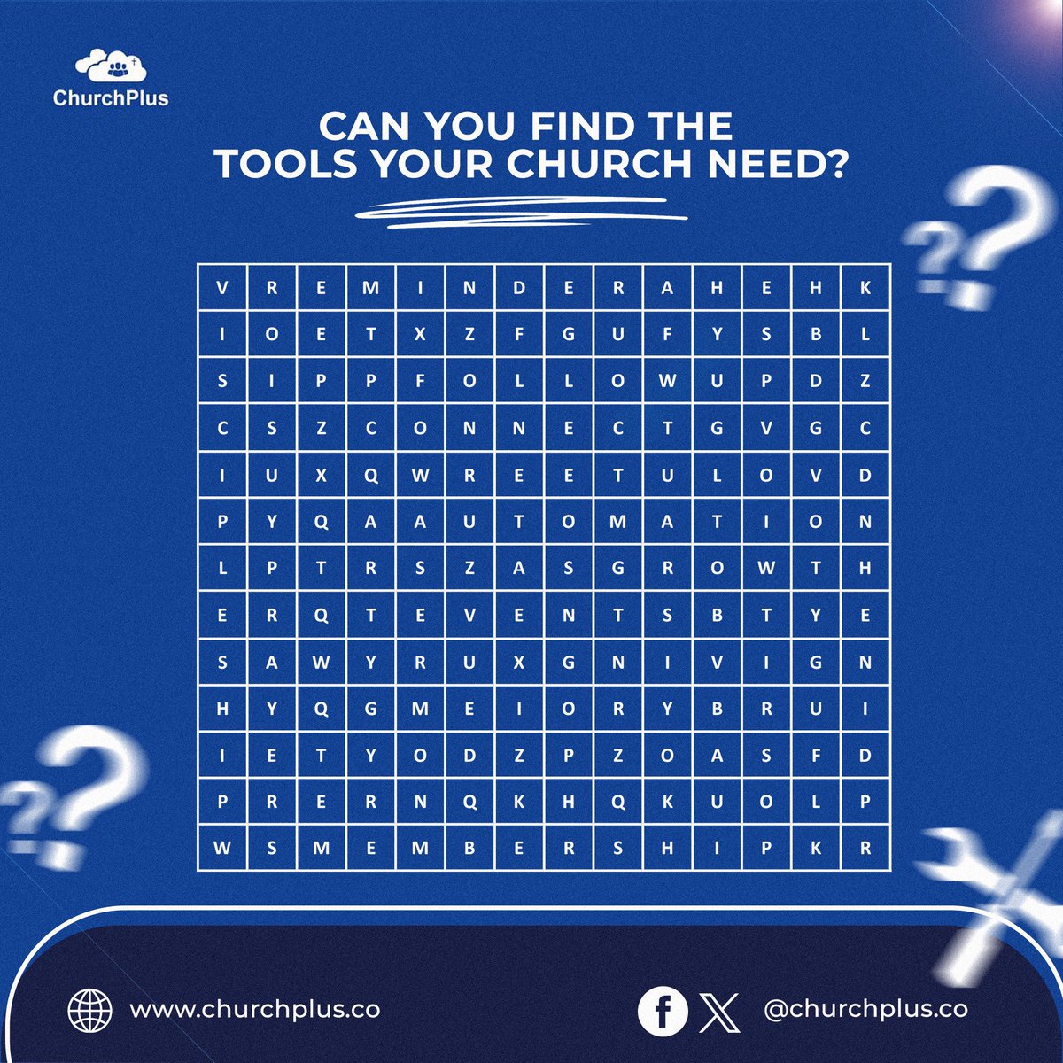 ChurchPlusCo's tweet photo. Hint: The words hidden in the grid represent ChurchPlus features and values that helps your church grow smarter and lead better.

Tap the link to put these tools to work for your church.
https://t.co/RHO4sikCaV

Drop the first word you find in the comments!!
 
#churchplus #chms https://t.co/VarxgQC1co