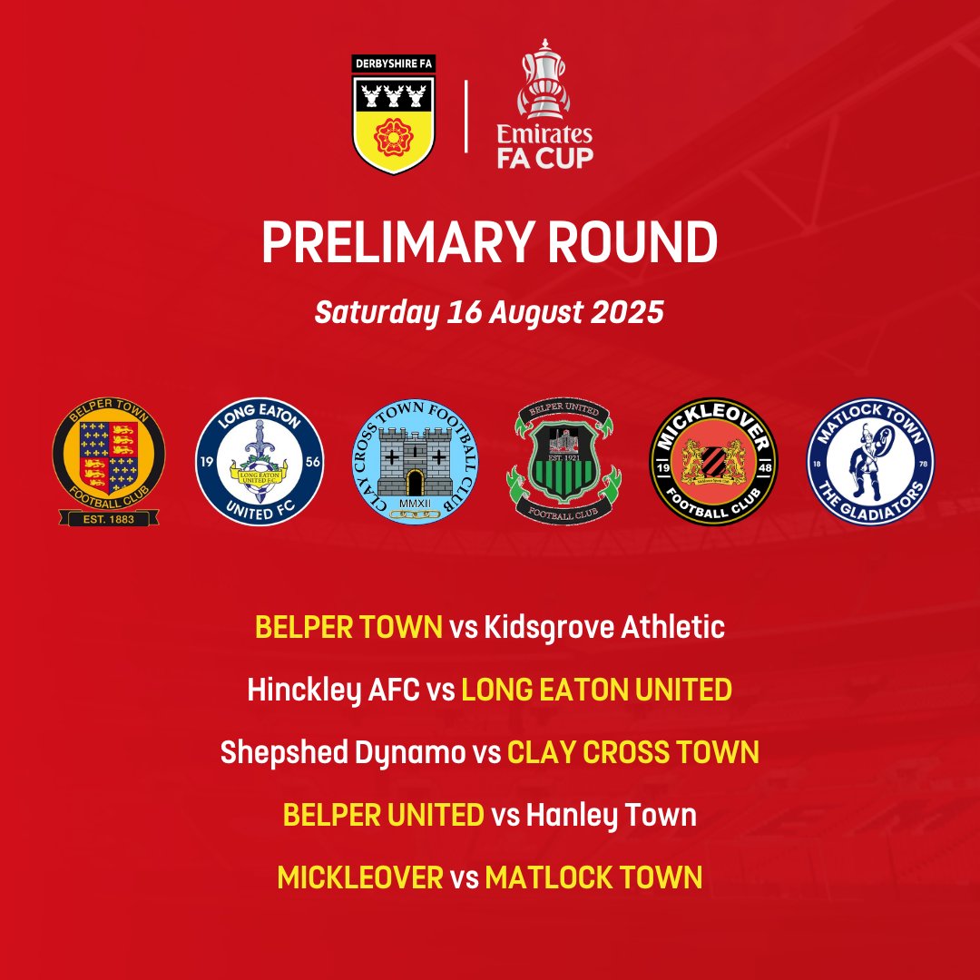 Derbyshire FA (@derbyshirefa) on Twitter photo We are represented by 6️⃣ clubs in the Preliminary Round of the <a href="/EmiratesFACup/">Emirates FA Cup</a> 🏆
Good luck to all competing clubs ⭐
Ties take place on Saturday 16 August 📅 We are represented by 6️⃣ clubs in the Preliminary Round of the <a href="/EmiratesFACup/">Emirates FA Cup</a> 🏆
Good luck to all competing clubs ⭐
Ties take place on Saturday 16 August 📅