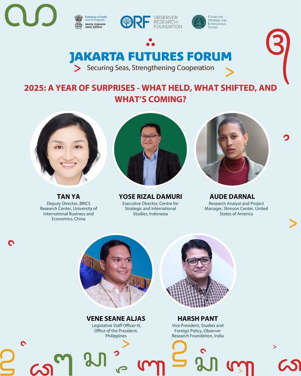 ORF (@orfonline) on Twitter photo #JakartaFuturesForum2025 | 2025: A Year of Surprises - What Held, What Shifted, and What’s Coming?
We are tweeting the key takeaways from the session with Yose Rizal Damuri, <a href="/AudeDarnal/">Aude Darnal</a>, Tan Ya, Vene Seane Aljas & Harsh V Pant
Follow the thread for more updates! #JakartaFuturesForum2025 | 2025: A Year of Surprises - What Held, What Shifted, and What’s Coming?
We are tweeting the key takeaways from the session with Yose Rizal Damuri, <a href="/AudeDarnal/">Aude Darnal</a>, Tan Ya, Vene Seane Aljas & Harsh V Pant
Follow the thread for more updates!