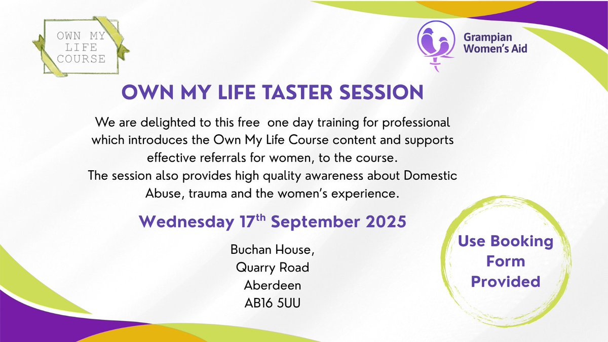 📣 FREE training! Join our Own My Life session on 17 Sept 2025 in Aberdeen. Learn about domestic abuse &amp; support. 🔗 ow.ly/mY8j50WkxsE 👉 Sign up: ow.ly/6jwa50WkxsC #OwnMyLife #Training #GrampainWomensAid