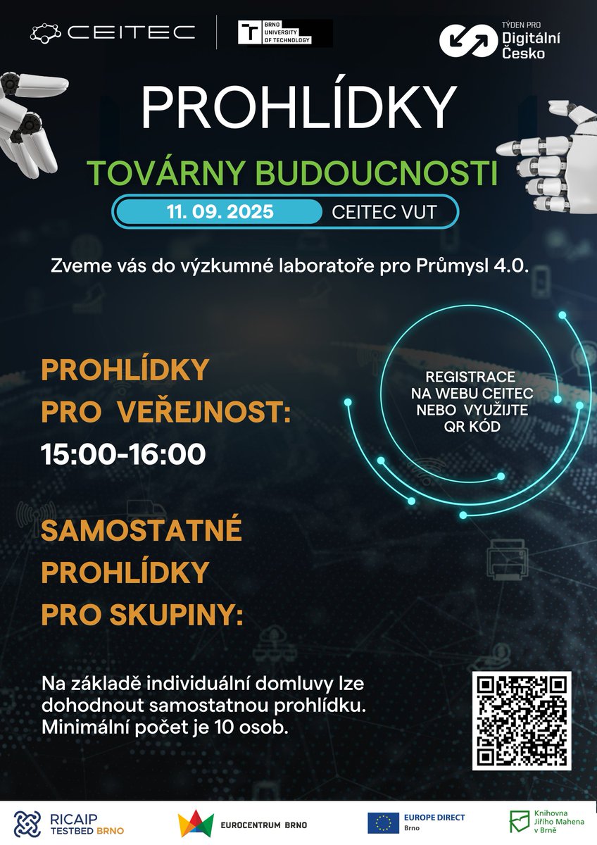 🔵V rámci Týdne pro Digitální Česko si můžete zdarma prohlédnout laboratoř pro Průmysl 4.0 – RICAIP testbed Brno provozované <a href="/CEITEC_Brno/">CEITEC</a> 
📅 11.9., 15:00 - 16:00 
Registrace do 5.9. 👉1url.cz/3JR1A