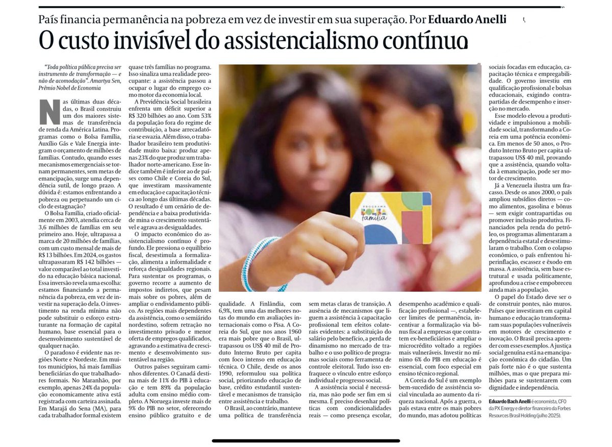 "O Estado brasileiro hoje se comporta como um agente viciado em populismo, comprando lealdade eleitoral com dinheiro público, perpetuando dependência e premiando a ociosidade com recursos de quem produz. É o socialismo de resultados negativos".

Jonas Federighi