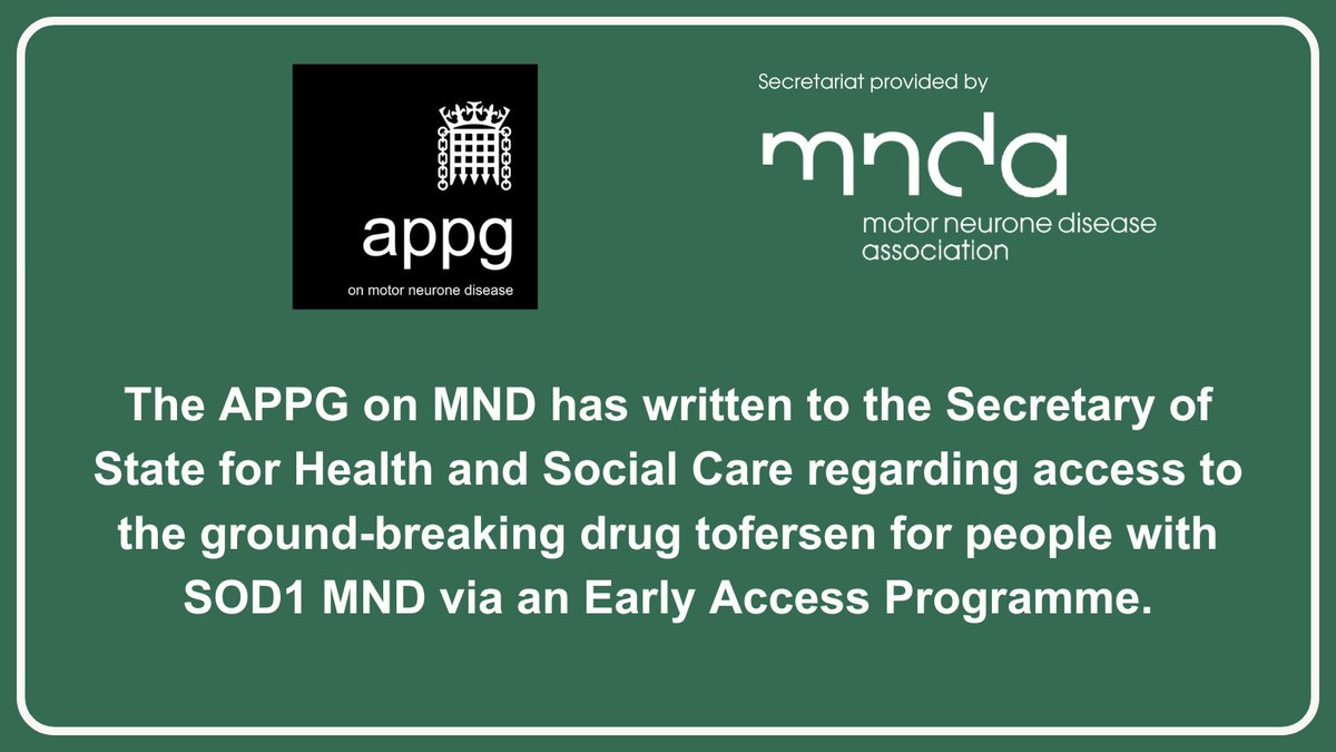 APPG on Motor Neurone Disease (@appgonmnd) on Twitter photo The <a href="/APPGonMND/">APPG on Motor Neurone Disease</a> has written to <a href="/wesstreeting/">Wes Streeting</a> urging him to meet with people with SOD1 #MND to understand the importance of equitable access to tofersen.
This is the first drug for 30 years proven to slow progression of a form of MND & has now been licensed by <a href="/MHRAgovuk/">MHRAgovuk</a>. The <a href="/APPGonMND/">APPG on Motor Neurone Disease</a> has written to <a href="/wesstreeting/">Wes Streeting</a> urging him to meet with people with SOD1 #MND to understand the importance of equitable access to tofersen.
This is the first drug for 30 years proven to slow progression of a form of MND & has now been licensed by <a href="/MHRAgovuk/">MHRAgovuk</a>.