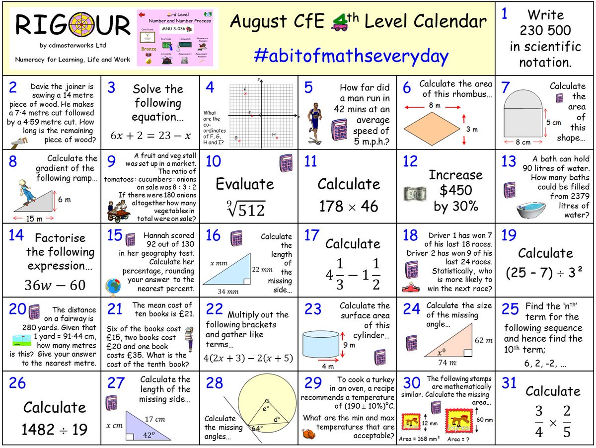 **CALLING ALL BGE Pupils** Do you want to consolidate your CfE 4th Level Numeracy/Maths skills before you go back to school? If so, try our August Calendar! Download this calendar and view the answers here; rigourmaths.com/e-s-o-s/ #abitofmathseveryday #littleandoften 😎🥉🥈🥇🎯