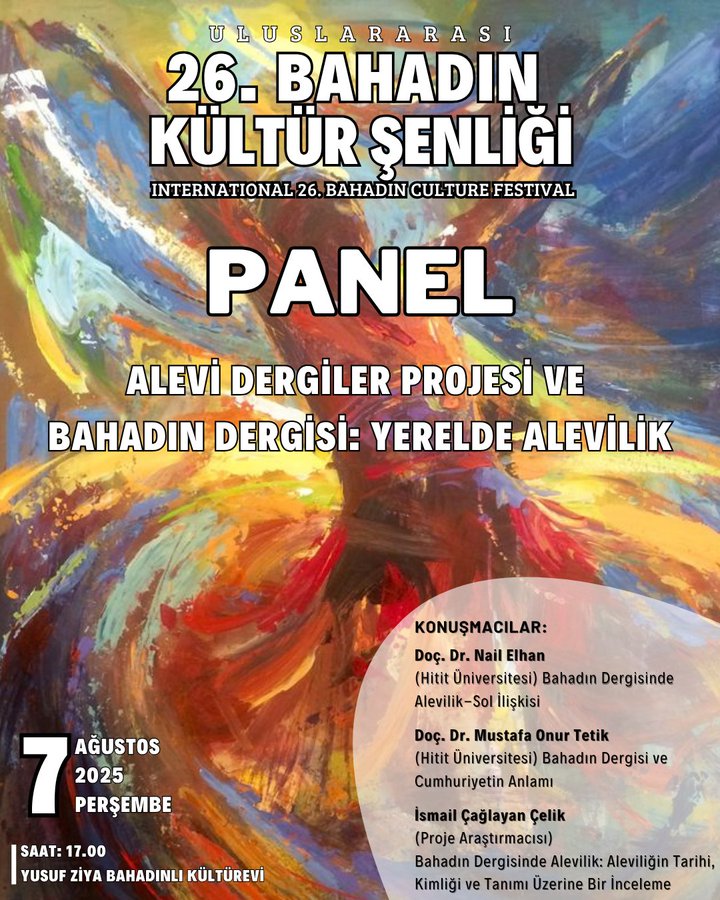 Nail Elhan (@nailelhan) on Twitter photo Alevi Dergiler Projesi ekibi olarak yarın Bahadın Kültür Derneği (<a href="/bahadindernegi/">Bahadın Kültür Derneği</a>)'nin Yozgat'ta bu yıl 26.sı düzenlenecek olan Kültür Şenliği'nde bir panele katılacağız. Projemizi tanıtacağız, Bahadın Dergisi üzerine konuşacağız ve dergi yöneticileri ile mülakatlar yapacağız. Alevi Dergiler Projesi ekibi olarak yarın Bahadın Kültür Derneği (<a href="/bahadindernegi/">Bahadın Kültür Derneği</a>)'nin Yozgat'ta bu yıl 26.sı düzenlenecek olan Kültür Şenliği'nde bir panele katılacağız. Projemizi tanıtacağız, Bahadın Dergisi üzerine konuşacağız ve dergi yöneticileri ile mülakatlar yapacağız.