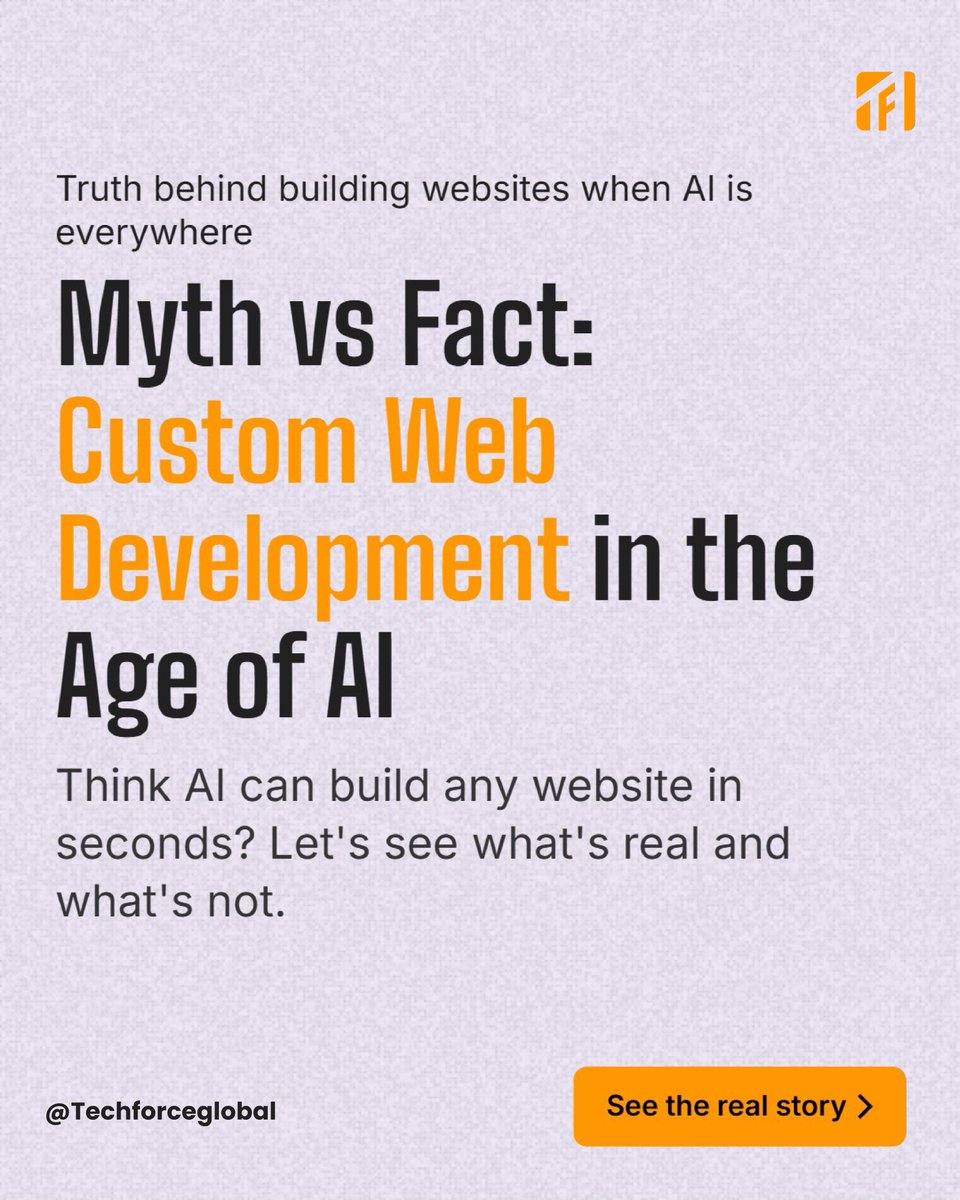techforceglobal's tweet image. Think you know everything about custom web development in the age of AI? 🤖

Swipe through to find out what’s myth and what’s fact! 🚀
Let’s clear up some common misconceptions and get the real story.
#CustomWebDevelopment #AIintegration #BusinessAutomation #WebDevelopment2025