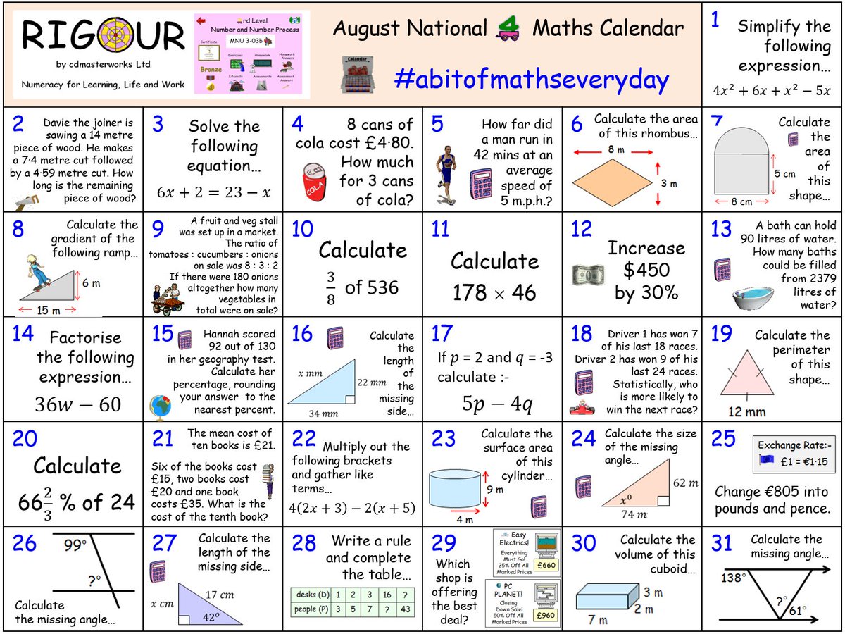 **CALLING ALL #Nat4Maths Pupils** Do you want to consolidate your National 4 Maths skills before schools go back? If so, try our August Calendar! Download this calendar and view the answers here; rigourmaths.com/the-senior-pha… #abitofmathseveryday #littleandoften 😎🥉🥈🥇🎯