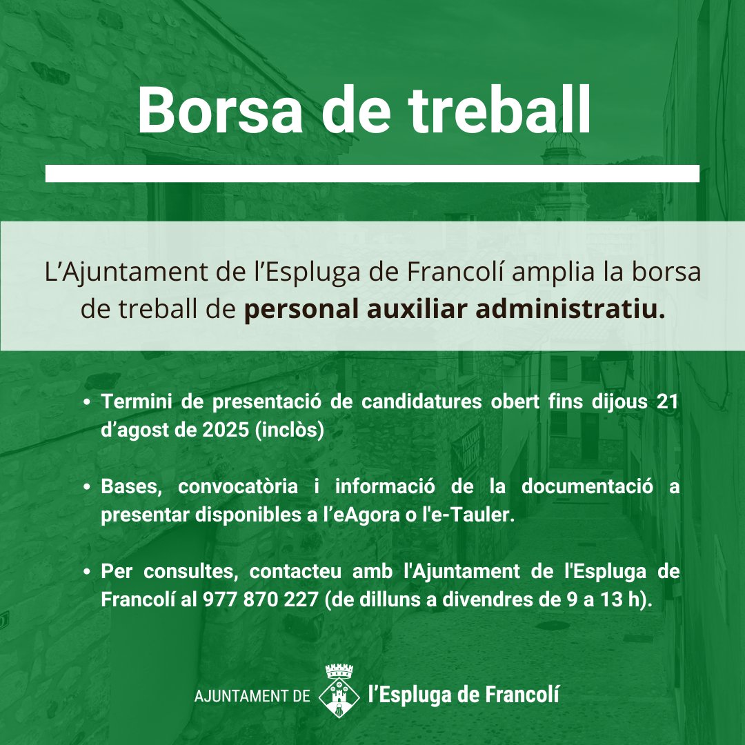 🙋‍♀️ Us informem que l’ <a href="/ajtlespluga/">Ajuntament de l'Espluga Francolí</a> ha publicat la convocatòria i les bases del procés selectiu per ampliar la borsa de treball de personal funcionari interí per a la plaça d’Auxiliar Administratiu/va (grup C, subgrup C2), mitjançant concurs-oposició.