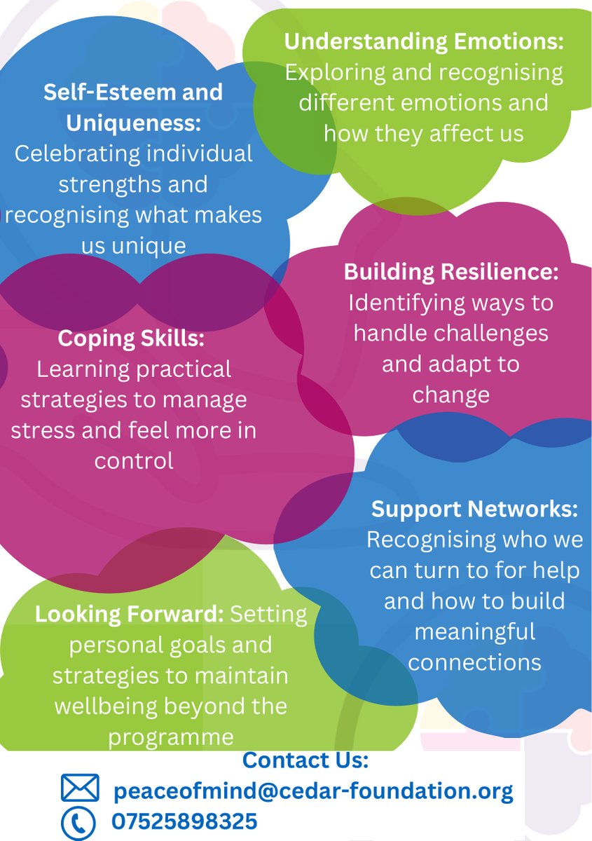 Disability Action (@disabilityni) on Twitter photo 🌟 PEACE of Mind is a free 6-week programme for ages 9–25 to boost confidence, emotional resilience & wellbeing.
Topics include:
✅ Coping skills
✅ Emotions
✅ Self-esteem
✅ Support networks
Contact for more info
📧 peaceofmind@cedar-foundation.org
📞 07525 898325 🌟 PEACE of Mind is a free 6-week programme for ages 9–25 to boost confidence, emotional resilience & wellbeing.
Topics include:
✅ Coping skills
✅ Emotions
✅ Self-esteem
✅ Support networks
Contact for more info
📧 peaceofmind@cedar-foundation.org
📞 07525 898325