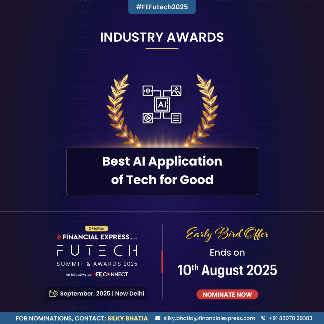 FE_Connect's tweet image. Nominate now for the &apos;Best AI Application of Tech for Good&apos; at the Futech Summit and Awards 2025.

Early Bird Offer ends on 10th August 2025.

📅 September 2025 |📍New Delhi
🔗 Nominate now: shorturl.at/HgYNP

#FEFuTech2025 #FEConnect #FutechAwards #TechnologyLeadership