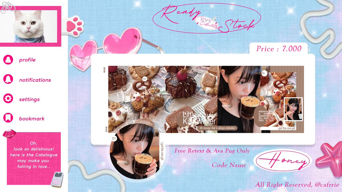 cafrrie's tweet image. Hai, help retweet, please? Thank you! &amp;lt;33 

Aku bawa layout Honey edition ready stock. ^^ Dapat ava nya png only! Free retext juga! 🎀 
Payment via QRIS yaa, bisa langsung take di dm kalau berminat. 🌷🤍

#zonauang