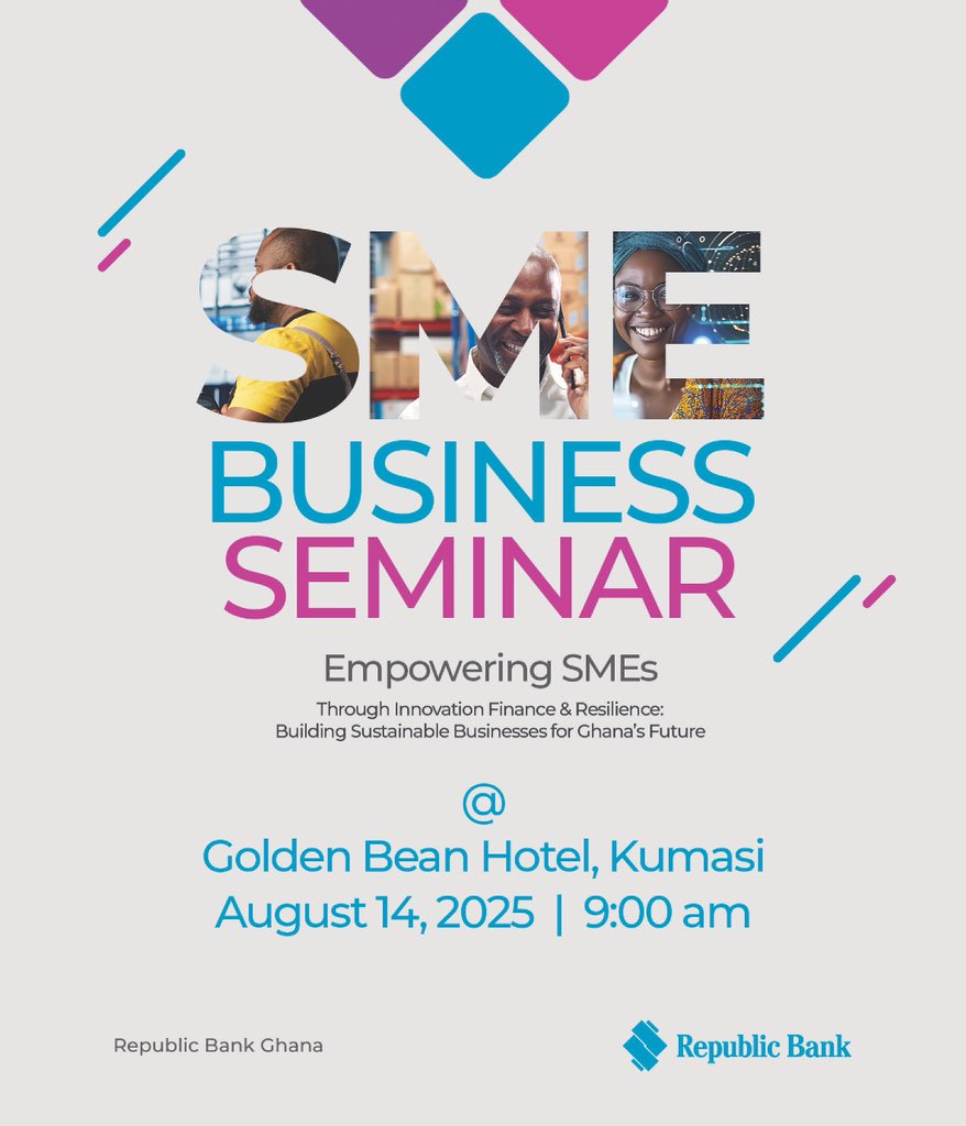 Are you an SME business owner? 
Empower your business with Republic Bank.
Join us for the SME Business Seminar on August 14, 2025 in Kumasi.
Discover innovative finance &amp; resilience strategies to build a sustainable future for your business.
Republic Bank. We're the One for you!
