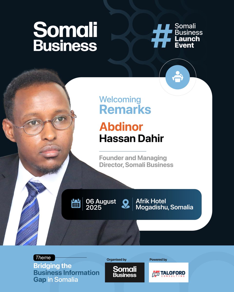Somali Business (@somalibiz) on Twitter photo The Founder and Director of <a href="/SomaliBiz/">Somali Business</a>, Mr. <a href="/Abdinordahir/">Abdinor Dahir</a>, warmly welcomes you to the Somali Business Launch Event. Join Somali Business and gain the knowledge, understanding, and opportunities you deserve!
#SomaliBusiness #SBLaunch #SomaliBiz #SomaliBiz2025 The Founder and Director of <a href="/SomaliBiz/">Somali Business</a>, Mr. <a href="/Abdinordahir/">Abdinor Dahir</a>, warmly welcomes you to the Somali Business Launch Event. Join Somali Business and gain the knowledge, understanding, and opportunities you deserve!
#SomaliBusiness #SBLaunch #SomaliBiz #SomaliBiz2025