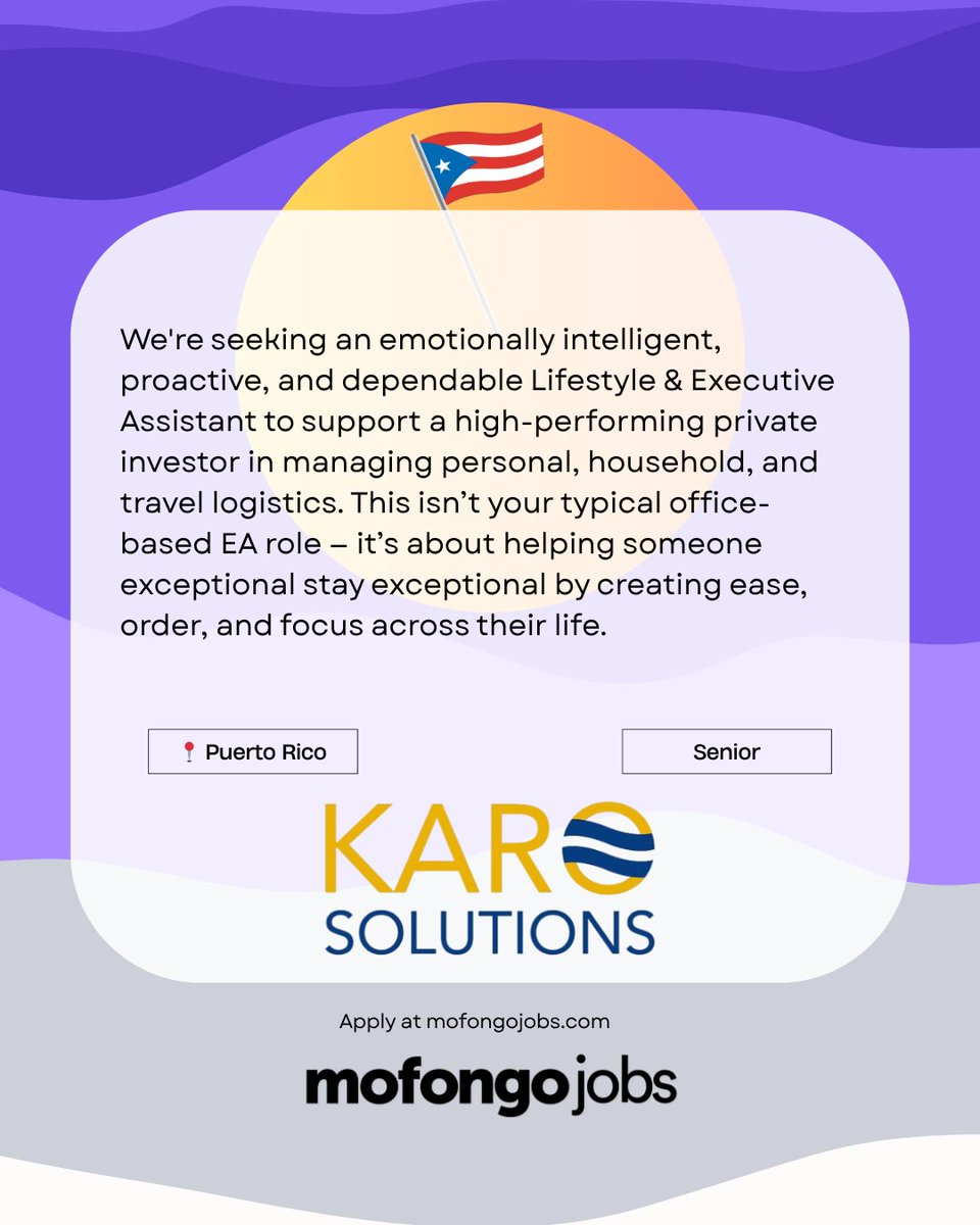✨Karo Solutions está buscando un Asistente Ejecutivo 📋

📍Puerto Rico
💼 Más de 2 años de experiencia como asistente personal o un rol similar
💰$50,000 - $70,00
🗣️ Bilingüe (español e inglés)

📩 Solicita aquí → mofongojobs.com/companies/karo…

#PuertoRico #PR #trabajo #career #jobs