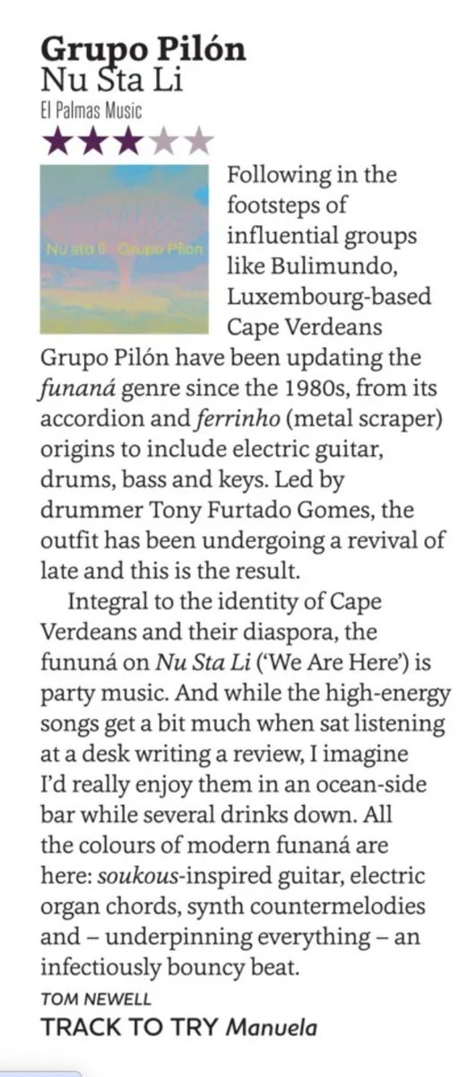 "All the colours of modern funaná are here: soukous-inspired guitar, electric organ chords, synth countermelodies and - underpinning everything - an infectiously bouncy beat!" - UK <a href="/SonglinesMag/">Songlines Magazine</a> features Grupo Pilon's new full-length 'Nu Sta Li' out on <a href="/elpalmasmusic/">elpalmasmusic</a>!