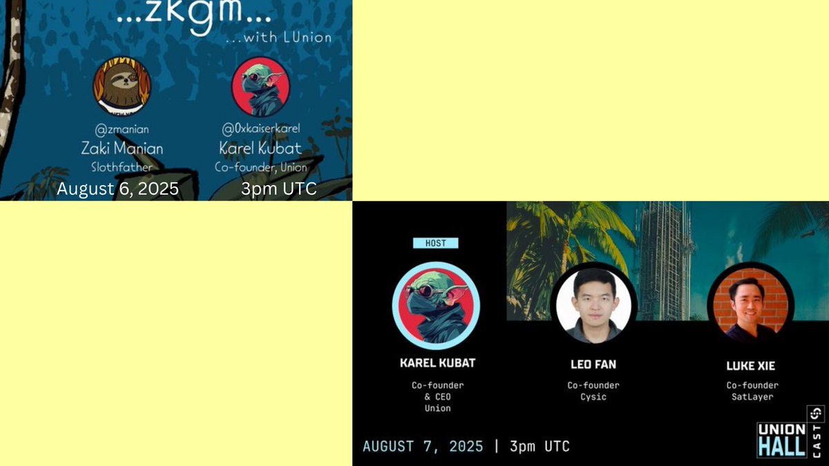 Sunday Jenyo $RVV LINGO π KGeN π§βπ (@sundayjenyo) on Twitter photo Dont forget <a href="/union_build/">Union</a> meeting today @ 3PM UTC, hosted by <a href="/zmanian/">zmanian</a> (slothfather)
& <a href="/0xkaiserkarel/">0xkaiserkarel.union</a>, Union's CEO!
Also, TOMORROW: Thursday's Town Hall @ 3PM UTC!
<a href="/leofanxiong/">Leo Fan</a> | <a href="/cysic_xyz/">Cysic</a>
<a href="/Lukex/">Luke X π¨ SLAYing</a>| <a href="/satlayer/">SatLayer π¨π§</a>
#UnionHallCast Dont forget <a href="/union_build/">Union</a> meeting today @ 3PM UTC, hosted by <a href="/zmanian/">zmanian</a> (slothfather)
& <a href="/0xkaiserkarel/">0xkaiserkarel.union</a>, Union's CEO!
Also, TOMORROW: Thursday's Town Hall @ 3PM UTC!
<a href="/leofanxiong/">Leo Fan</a> | <a href="/cysic_xyz/">Cysic</a>
<a href="/Lukex/">Luke X π¨ SLAYing</a>| <a href="/satlayer/">SatLayer π¨π§</a>
#UnionHallCast