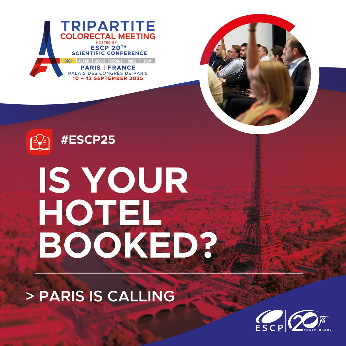 🛎 Is your hotel booked?

#ESCP25 is coming — don’t leave it to the last minute.
Book your accommodation and stay close to the action at the Palais des Congrès.

📍 Paris | 10–12 Sept 2025
💼 More time for #ESCP25, less time on logistics.