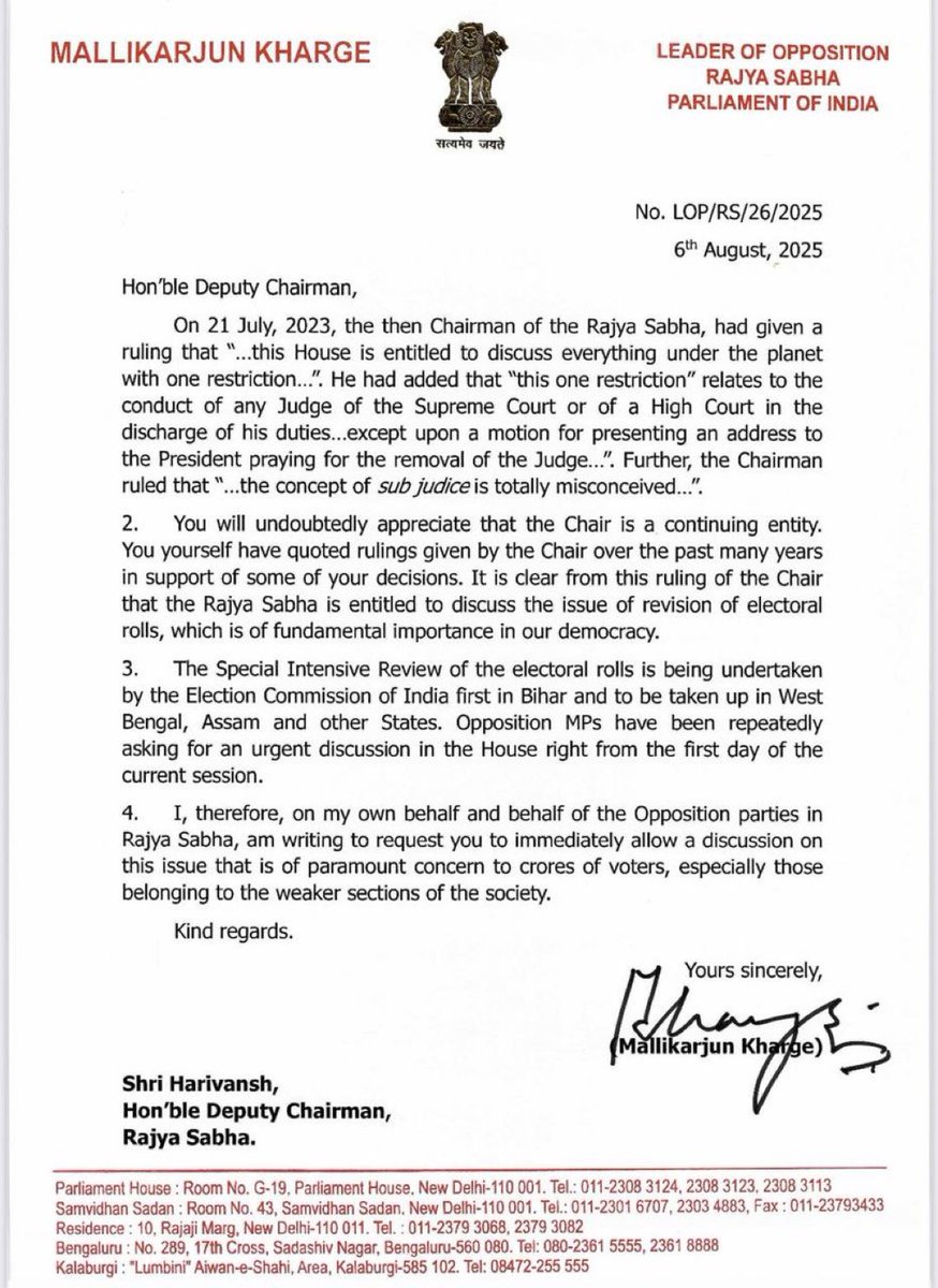 Congress President &amp; Leader of Opposition in Rajya Sabha <a href="/kharge/">Mallikarjun Kharge</a> ji writes to the Deputy Chairman of the Rajya Sabha Harivansh ji, on behalf of all the Opposition parties, requesting a discussion on electoral roll revision.