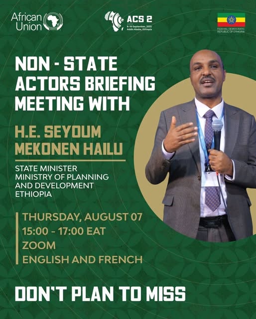 The Ministry of Foreign Affairs of #Ethiopia ๐ช๐น (@mfaethiopia) on Twitter photo ๐ ๐๐ข๐ซ๐ญ๐ฎ๐๐ฅ ๐๐ซ๐ข๐๐๐ข๐ง๐ ๐ฐ๐ข๐ญ๐ก ๐๐จ๐ง-๐๐ญ๐๐ญ๐ ๐๐๐ญ๐จ๐ซ๐ฌ โ ๐๐๐ซ๐ข๐๐ ๐๐ฅ๐ข๐ฆ๐๐ญ๐ ๐๐ฎ๐ฆ๐ฆ๐ข๐ญ ๐ (๐๐๐๐)
๐
Date: Thursday, 7 August 2025
๐ Time: 15:00โ17:00 EAT
๐ป Format: Virtual (Zoom)
๐ Languages: English & French
The Government of #Ethiopia, in ๐ ๐๐ข๐ซ๐ญ๐ฎ๐๐ฅ ๐๐ซ๐ข๐๐๐ข๐ง๐ ๐ฐ๐ข๐ญ๐ก ๐๐จ๐ง-๐๐ญ๐๐ญ๐ ๐๐๐ญ๐จ๐ซ๐ฌ โ ๐๐๐ซ๐ข๐๐ ๐๐ฅ๐ข๐ฆ๐๐ญ๐ ๐๐ฎ๐ฆ๐ฆ๐ข๐ญ ๐ (๐๐๐๐)
๐
Date: Thursday, 7 August 2025
๐ Time: 15:00โ17:00 EAT
๐ป Format: Virtual (Zoom)
๐ Languages: English & French
The Government of #Ethiopia, in