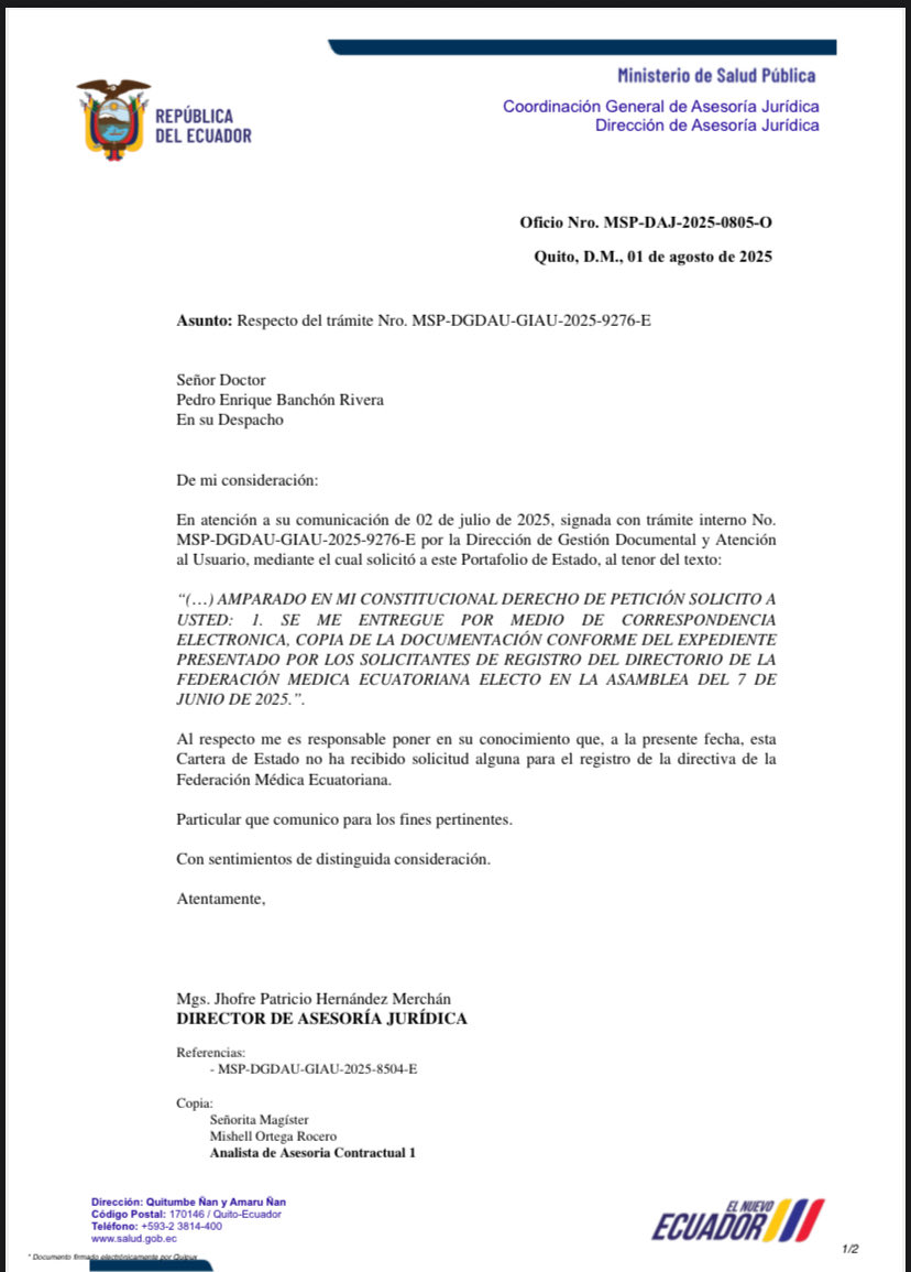 Que el Dr. Santiago Carrasco siga diciéndose Presidente de la Federación Médica Ecuatoriana es un despropósito, acto irresponsable que daña al gremio y engaña a la población . Tan espurias fueron las elecciones  que no tiene el valor de registrar el Directorio en el MSP