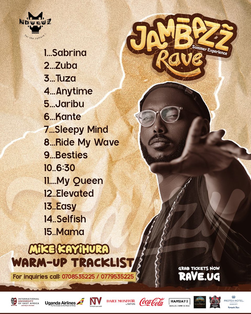 🎧 JAMBAZZ WARM UP TRACKS 🎧

We’ve compiled 15 smooth tracks that y’all chose for Mike Kayihura to consider for his setlist as he hits the Jambazz stage with AKA Dope Band! 

Which of these tracks can’t y’all wait to jam to?

For tickets 🎫 rave.ug 

#JambazzRave