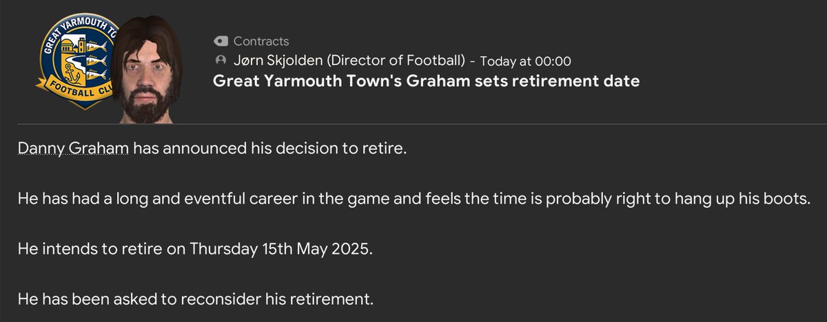 🔴LIVE a bit earlier than normal, hello.

First things first, Danny Graham has announced he's retiring, and I'm trying to talk him out of it.

Our Great Yarmouth Tier 9 adventure continues now!