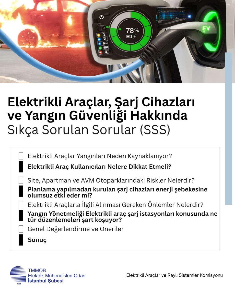 Elektrikli Araçlar ve Raylı Sistemler Komisyonumuz tarafından, yurttaşlarımızın giderek çoğalan elektrikli araç yangınları ve şarj istasyonu problemleri hakkındaki belli başlı sorularına ilişkin ürettiğimiz yanıtlara  linke tıklayarak ulaşabilirsiniz. emo.org.tr/genel/bizden_d…