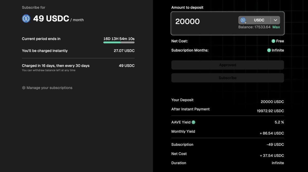 defillama pro checkout page encapsulates <a href="/0xngmi/">0xngmi</a> perfectly

completely self-built crypto checkout where ur deposit earns yield in aave to discount or completely pay for the subscription

that checkout page alone could be another VC funded startup llamao