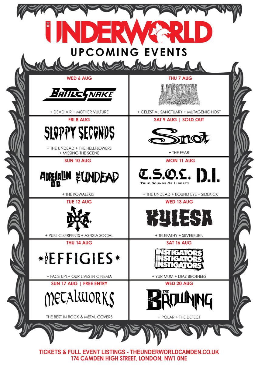 The Underworld (@theunderworld) on Twitter photo INCOMING & 18 NEW ๐คMailer โก๏ธ tinyurl.com/UWMS0806
๐ธ Feat. @UndeathNY <a href="/SloppyOfficial/">Sloppy Seconds</a> @AdrenalinOD @OfficialTSOL @KylesaMusic <a href="/MetalworksRock/">Metalworks</a> @TheBrowningBand & more.
๐ FULL LISTINGS & TICKETS - theunderworldcamden.co.uk
๐ต LISTEN via our playlist - bit.ly/UWplaylist INCOMING & 18 NEW ๐คMailer โก๏ธ tinyurl.com/UWMS0806
๐ธ Feat. @UndeathNY <a href="/SloppyOfficial/">Sloppy Seconds</a> @AdrenalinOD @OfficialTSOL @KylesaMusic <a href="/MetalworksRock/">Metalworks</a> @TheBrowningBand & more.
๐ FULL LISTINGS & TICKETS - theunderworldcamden.co.uk
๐ต LISTEN via our playlist - bit.ly/UWplaylist