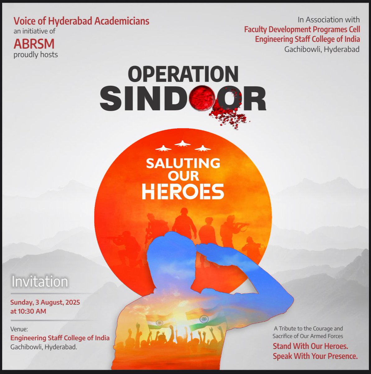 Congratulations to Team #ABRSM Telangana for organising "Operation Sindhoor- Soluting Our Hero's By Hyderabad Academicians. I was so motivated witnessing more than 1000 Faculty members giving  standing obviation and felicitationg our #DRDO Scintist and armed forces on 3rd Aug. 💪
