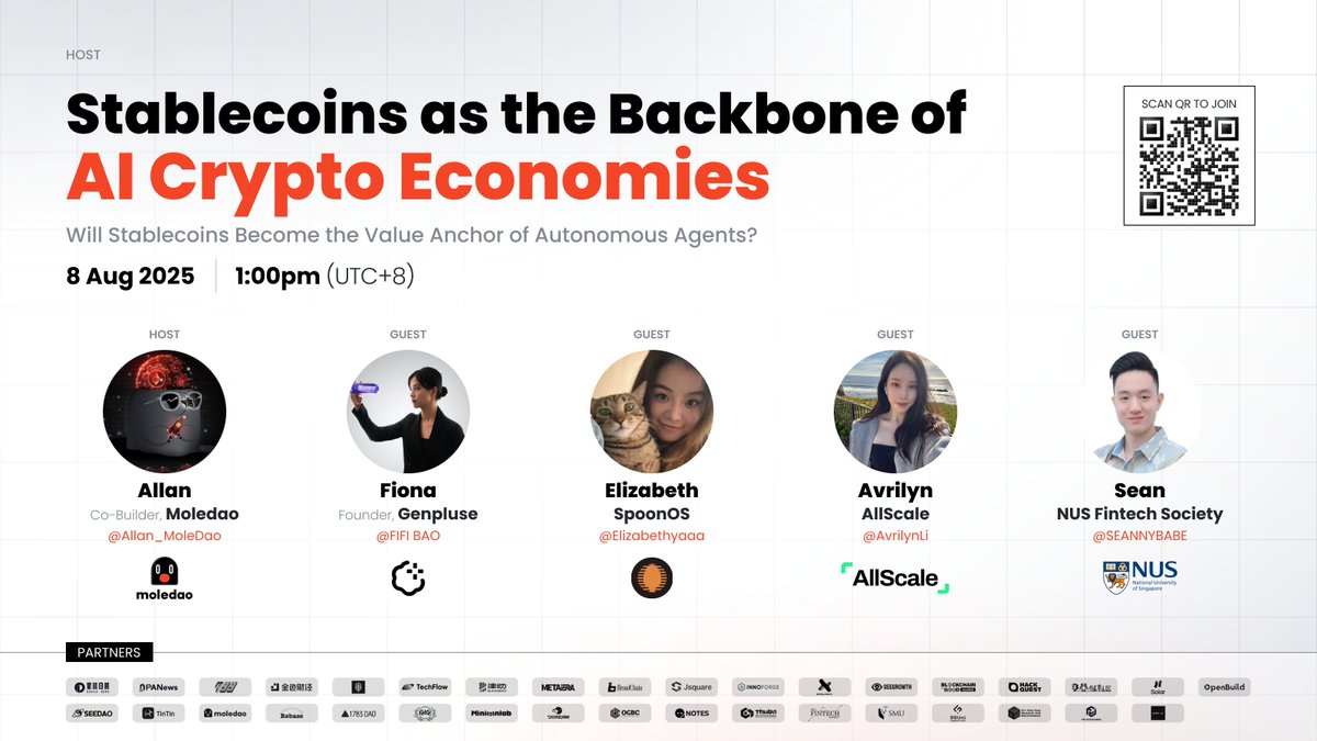 🚀 THIS FRIDAY: "Stablecoins as the Backbone of AI Crypto Economies"  

Will stablecoins become the value anchor of autonomous agents? 🤖💰  

📅 August 8th, 1:00 PM SGT  
🎙️ X Spaces: x.com/i/spaces/1ypJd…  

Featured Speakers:  
🔹 <a href="/Allan_MoleDao/">Allan Fang</a> (Host) - Co-Builder,