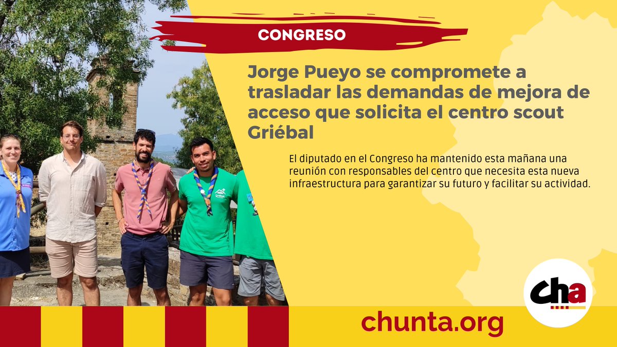Chunta Aragonesista (@chunta) on Twitter photo ⚜️ <a href="/jorge_pueyo95/">Jorge Pueyo</a> se compromete a trasladar las demandas de mejora de acceso que solicita el centro scout Griébal
Ha mantenido esta mañana una reunión con responsables del centro que necesita esta nueva infraestructura para garantizar su futuro
🔗 chunta.org/jorge-pueyo-se… ⚜️ <a href="/jorge_pueyo95/">Jorge Pueyo</a> se compromete a trasladar las demandas de mejora de acceso que solicita el centro scout Griébal
Ha mantenido esta mañana una reunión con responsables del centro que necesita esta nueva infraestructura para garantizar su futuro
🔗 chunta.org/jorge-pueyo-se…